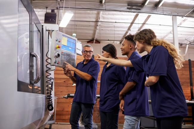 Plusieurs apprentis avec leur tuteur autour d'une machine à commandes numériques